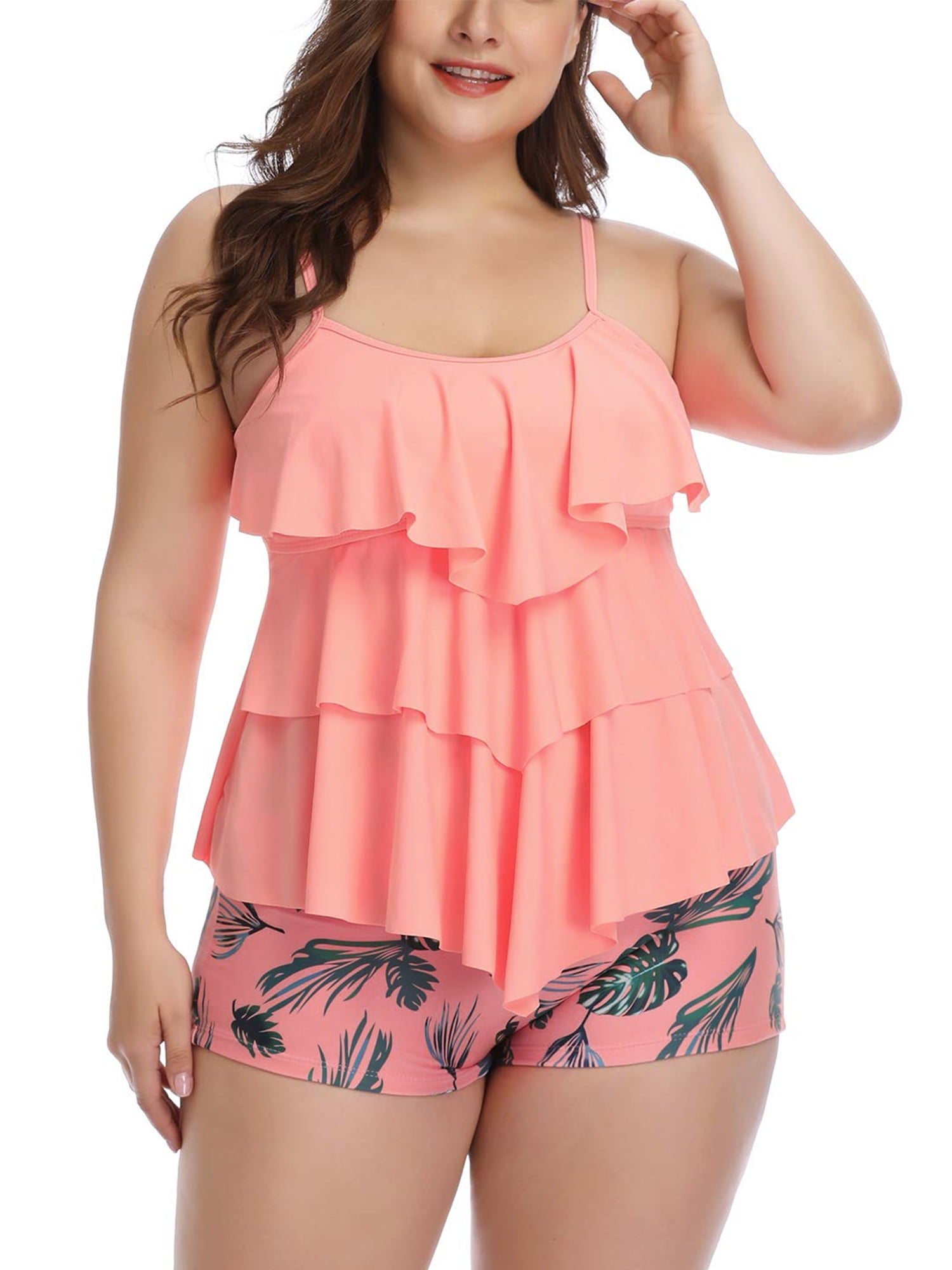 Women Plus Size Tankini Swimsuits Tummy Control Two Piece Bathing Suit Ruffled Flounce Swimwear with Shorts